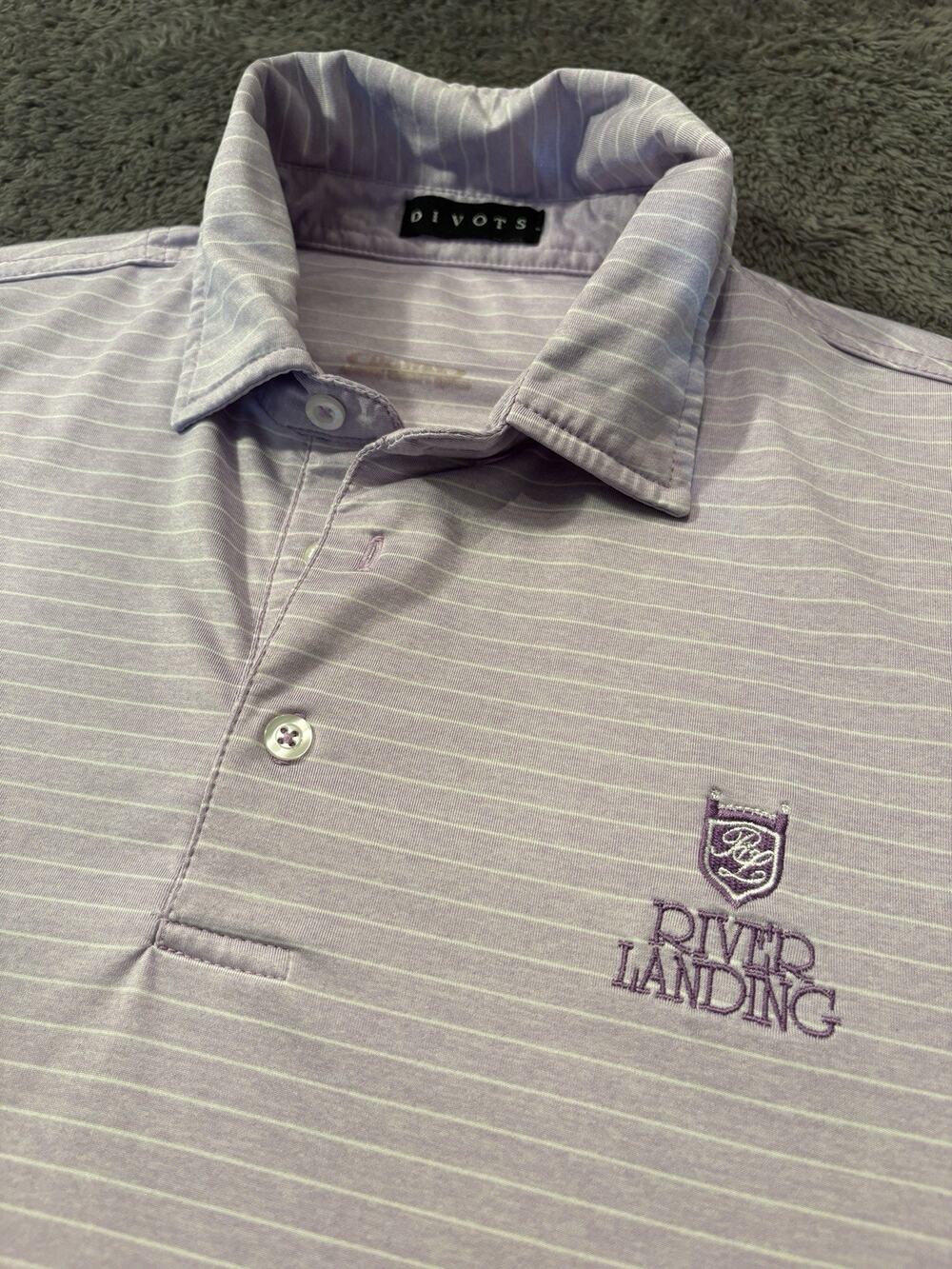 Divots Golf Polo Men’s M Lavender White Stripe River Landing EUC